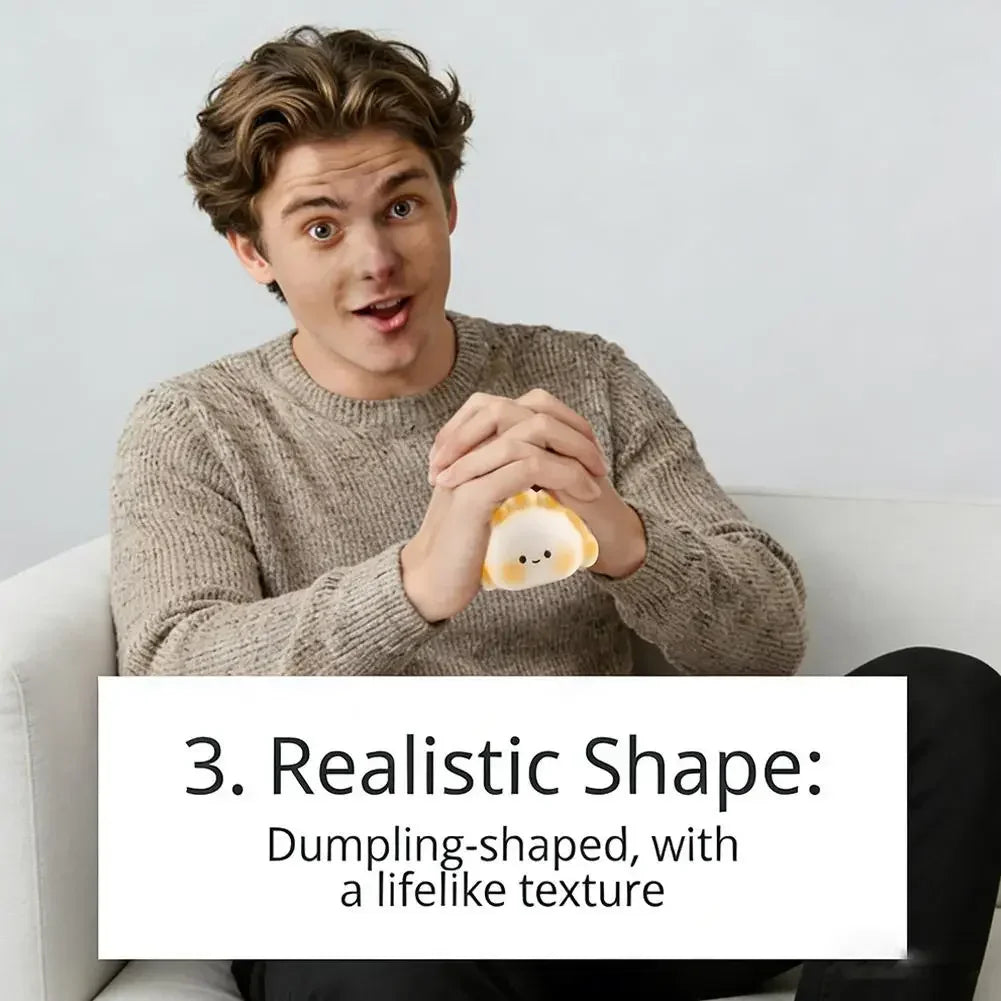 White, soft dumpling-shaped squishy fidget toy with a smiling face for stress relief.
