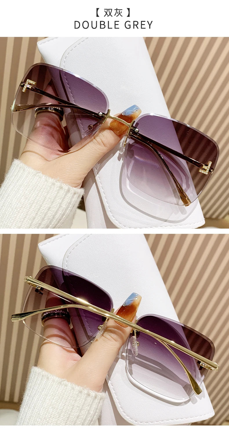 Featherlight Rimless Sunglasses Large Square Frame with Diamond Accent