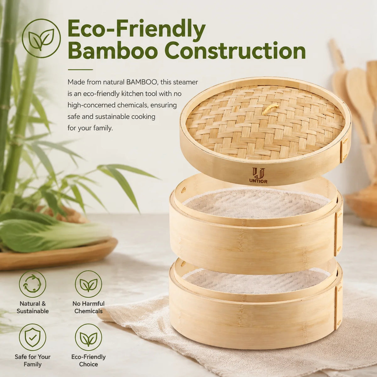 Three-tiered natural bamboo dumpling steamer basket with a woven lid, liners, and side branding.
