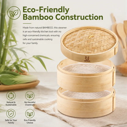 Three-tiered natural bamboo dumpling steamer basket with a woven lid, liners, and side branding.
