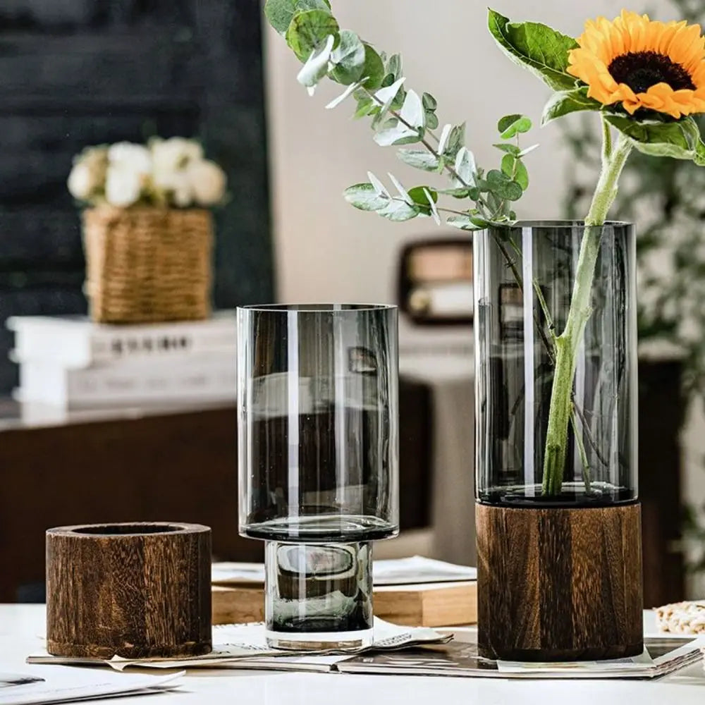 Crystal Glass Vase With Solid Wood Base In Modern Style With Slim Profile For Centerpiece Display