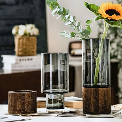 Crystal Glass Vase With Solid Wood Base In Modern Style With Slim Profile For Centerpiece Display