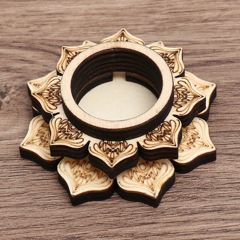 Brown wooden lotus flower-shaped crystal ball stand with etched petal details.