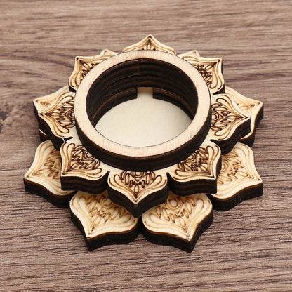 Brown wooden lotus flower-shaped crystal ball stand with etched petal details.
