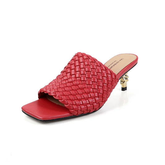 Woven Kitten Heel Sandals Open Toe With Sheepskin Cushioned Insole