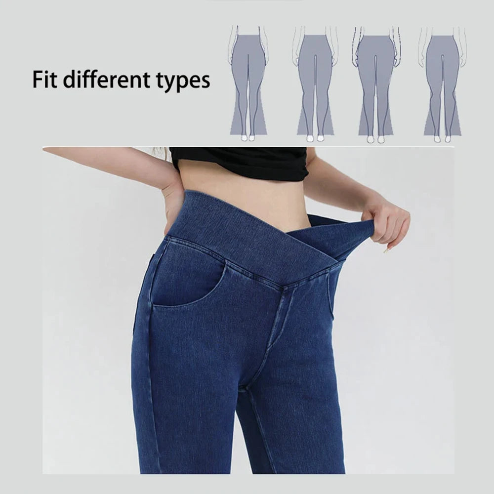 High Waist Denim Bell Bottom Jeans for Women with 4 Way Stretch and Comfortable Fit