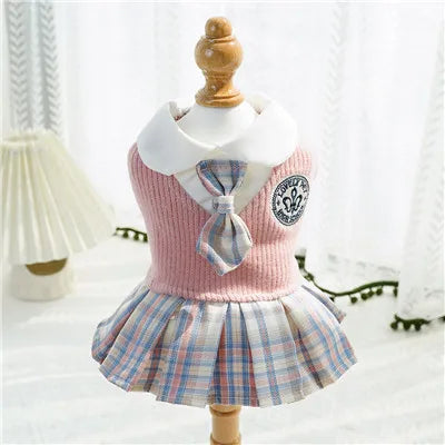 Knitted dog dress with a plaid skirt for everyday outings