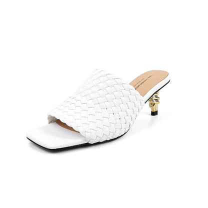 Woven Kitten Heel Sandals Open Toe With Sheepskin Cushioned Insole