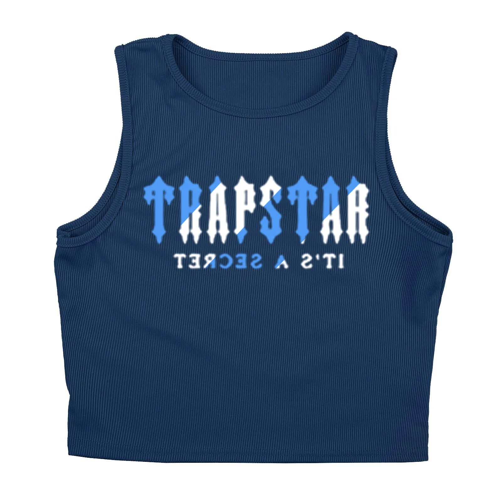 Navy blue ribbed fitted crop top featuring white and light blue gothic letter print for casual streetwear outfits.