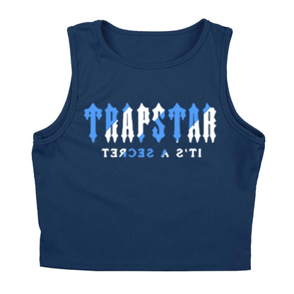 Navy blue ribbed fitted crop top featuring white and light blue gothic letter print for casual streetwear outfits.