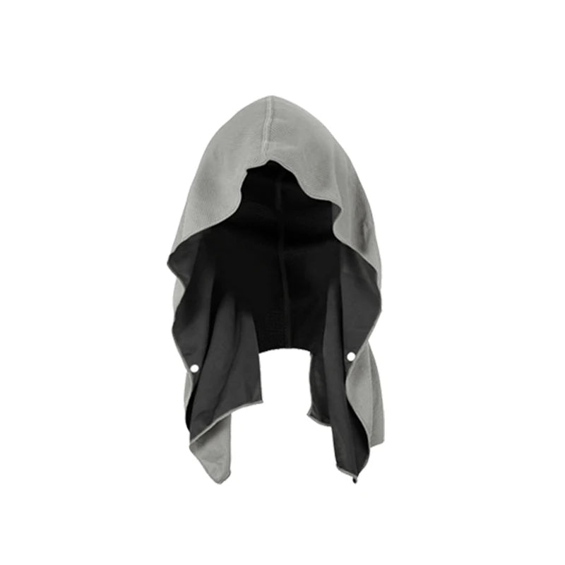 Grey and black hooded sports towel with snap closures and breathable fabric for cooling during gym workouts.