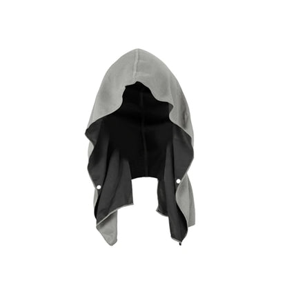 Grey and black hooded sports towel with snap closures and breathable fabric for cooling during gym workouts.