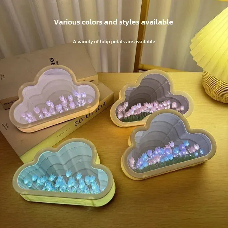 Cloud-shaped LED mirror panels with colorful tulips for desk decor that provide an ambient glow.