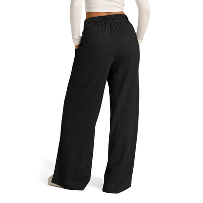 Black high waist fleece-lined wide leg pants for all day comfort, featuring a stretchy elastic waistband.