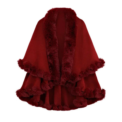 Double Layer Faux Fur Trim Womens Knitted Poncho Shawl Warm Cape Multiple Colors Ideal for Fall and Winter Daily and Formal Wear