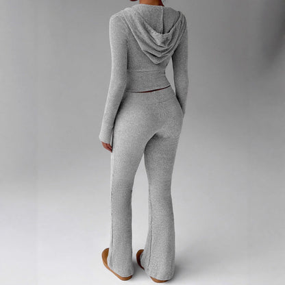 Cozy Women's Loungewear Set Zip-Up Hooded Top with Drawstring and Flared-Leg Trousers–Casual Fashionable Homewear
