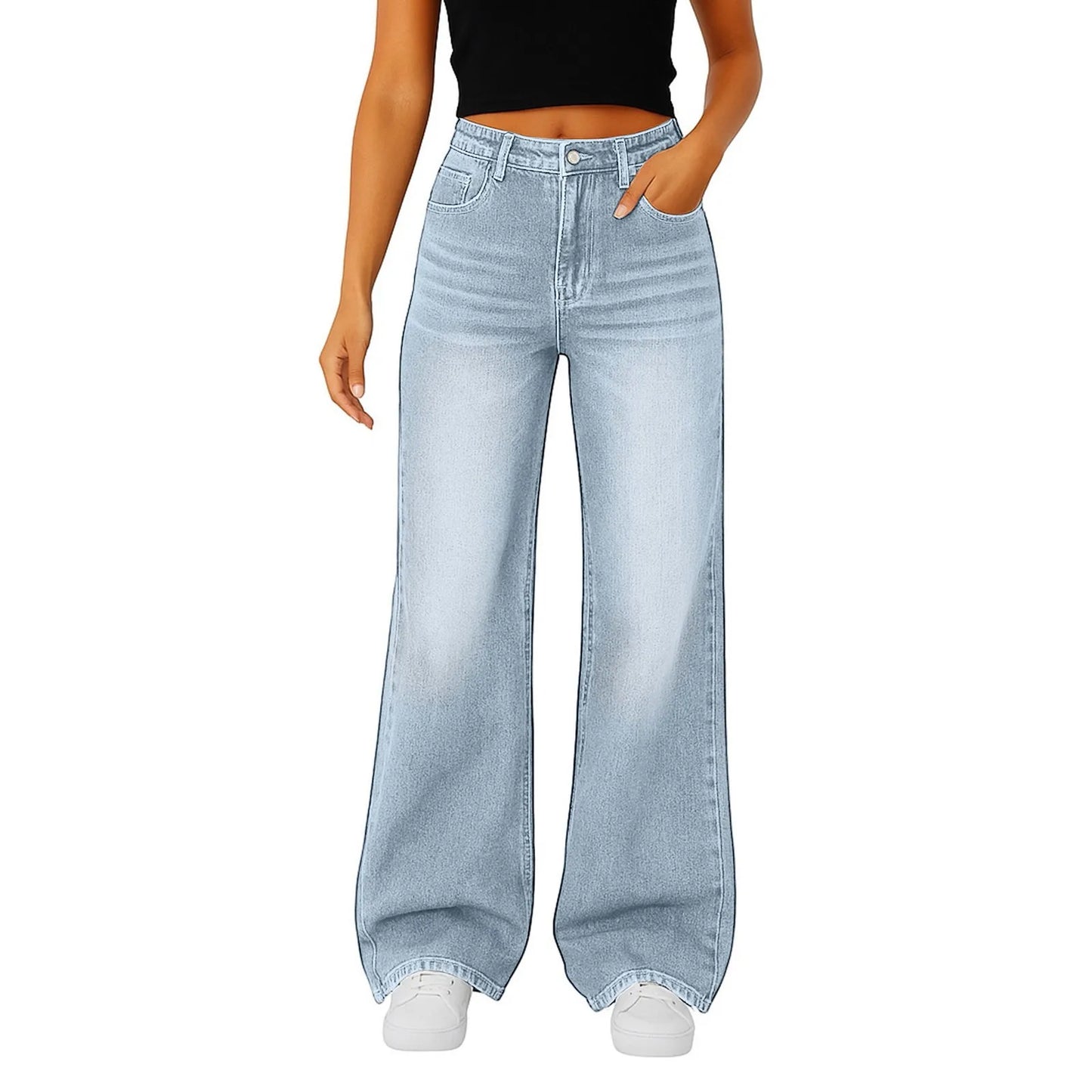 Soft Light Blue Wide Leg Jeans High Waist With Front Pockets Stretch