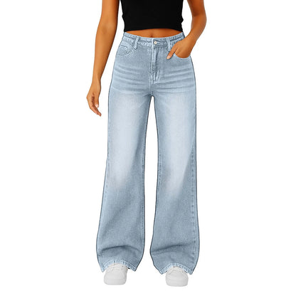 Soft Light Blue Wide Leg Jeans High Waist With Front Pockets Stretch