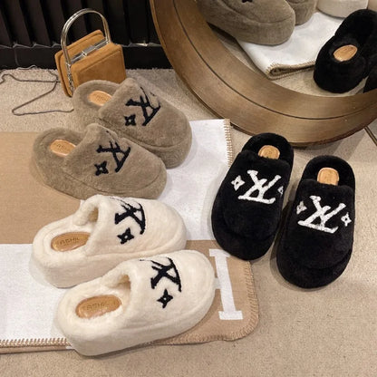 Warm Slippers for Women Indoor Non Slip Plush Traction Rubber Sole With Wedge Heel