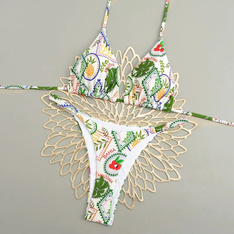 Women's Triangle Lace-Up Bikini Set with Adjustable Straps and Thong Bottom