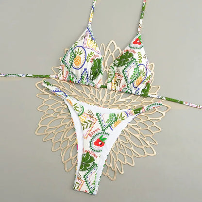 Women's Triangle Lace-Up Bikini Set with Adjustable Straps and Thong Bottom