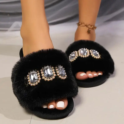 Crystal Slides with Plush Lining and Non Slip Sole for Women