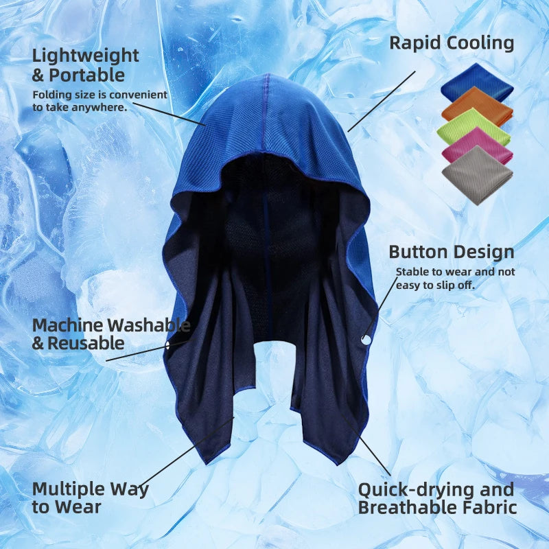 Blue machine washable cooling hoodie towel with breathable fabric for sports, gym, and outdoor activities.