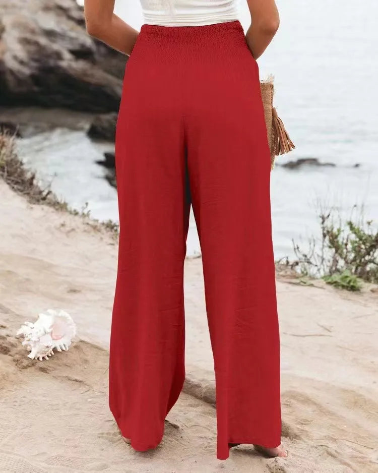 Women's Nylon-Cotton Blend Pants With Drawstring Wide-Leg And Mid Rise Breathable