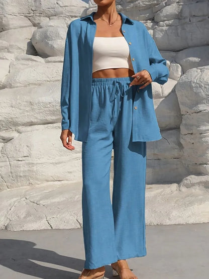 Fashion Solid Set For Women Casual Long Sleeve Turn-down Collar Shirt Tops+High Waist Wide Leg Pants 2 Pieces Sets Lady Clothes