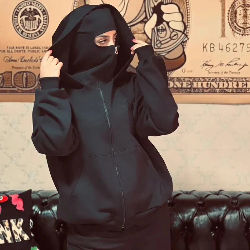 Unisex Cotton Blend Zip Hoodie With Built-In Hooded Face Mask For Cold Weather And Everyday Wear