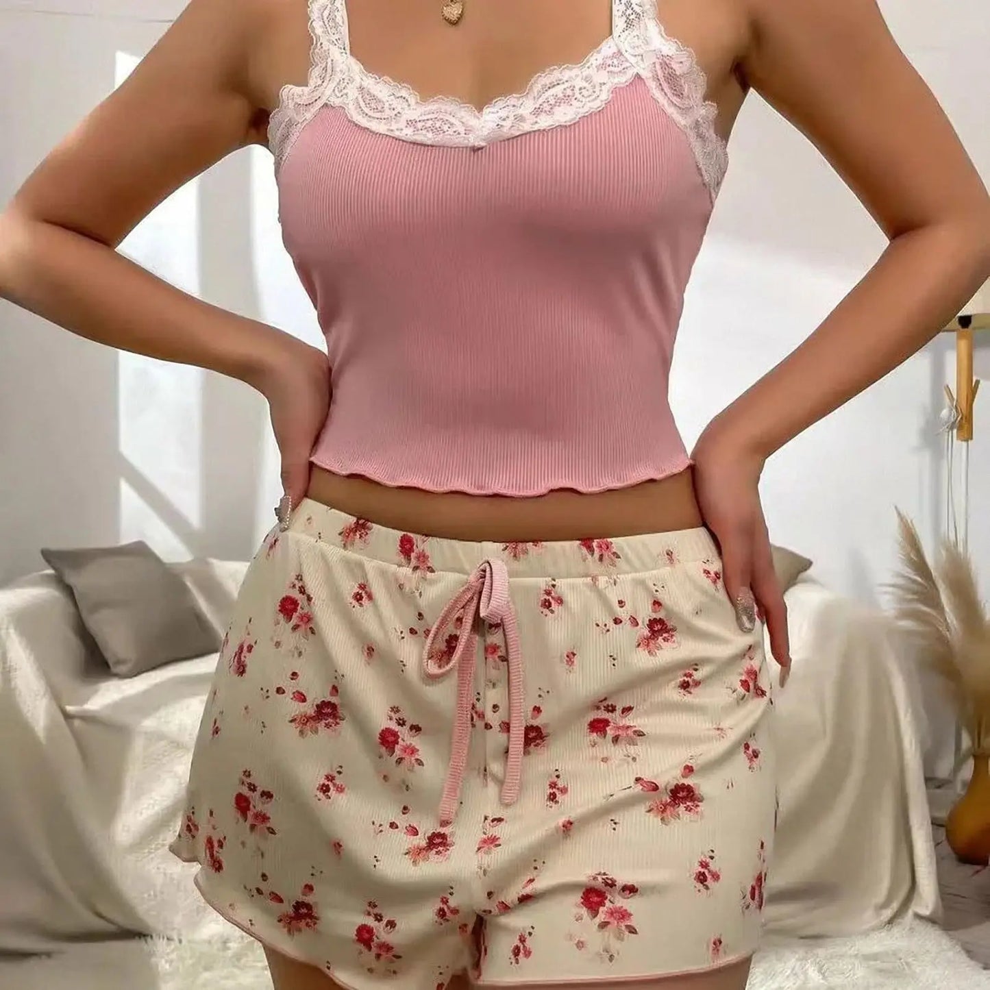 Delicate Pajama Set with V Neck Camisole Top and Printed Shorts