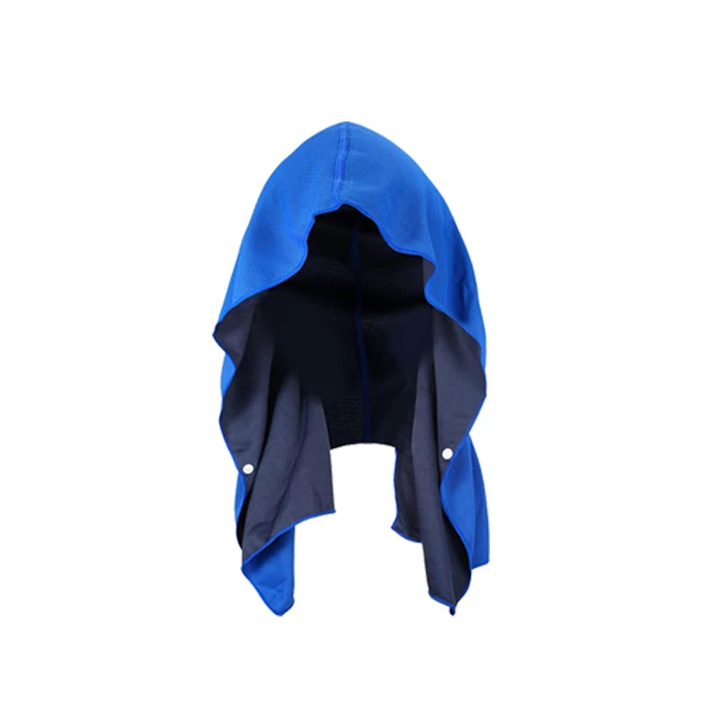 Blue and charcoal breathable mesh cooling hoodie towel with snaps for sports.