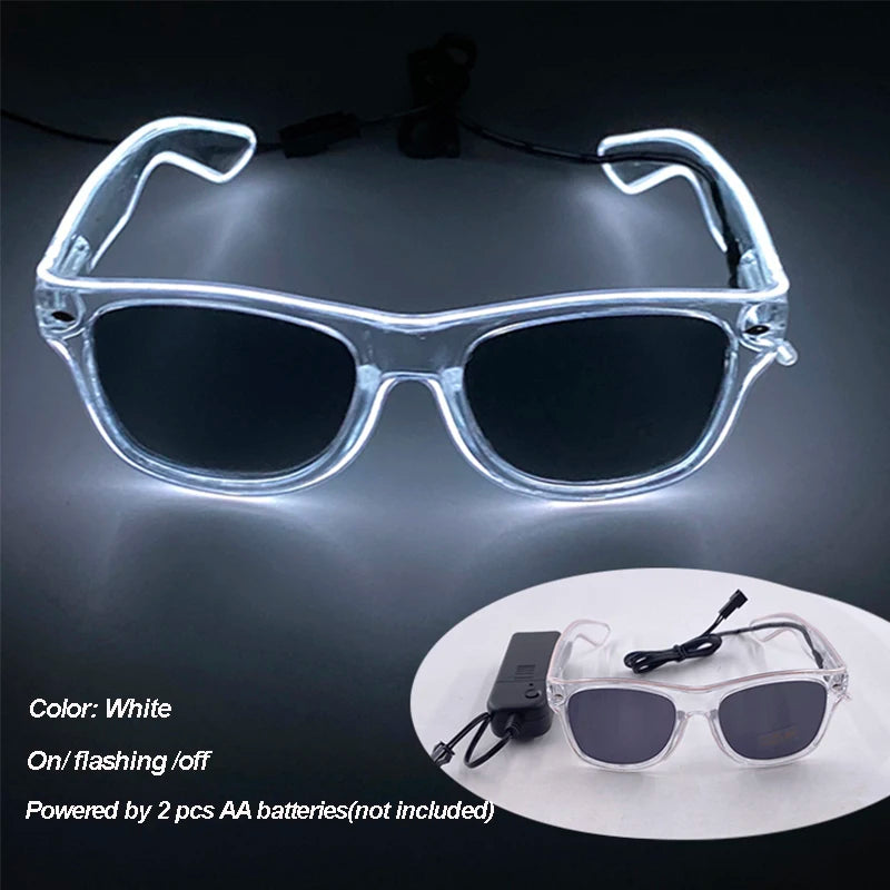 Novelty gift glowing LED festival glasses with light up frames and battery pack attachment