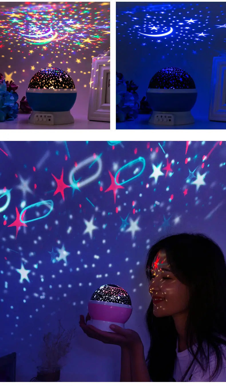 Rotating blue and pink LED night light projector casts colorful stars on walls for a relaxing bedroom atmosphere.