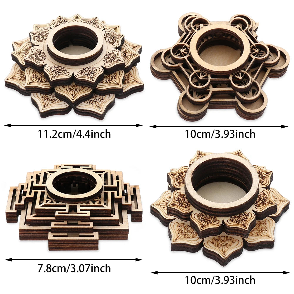 Four wooden crystal ball stands in lotus and geometric styles with size dimensions.