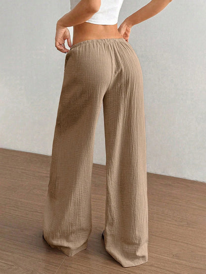 Women's Polyester Blend Pants With Low Rise And Floor-Length Wide Leg Featuring Elastane For Stretch