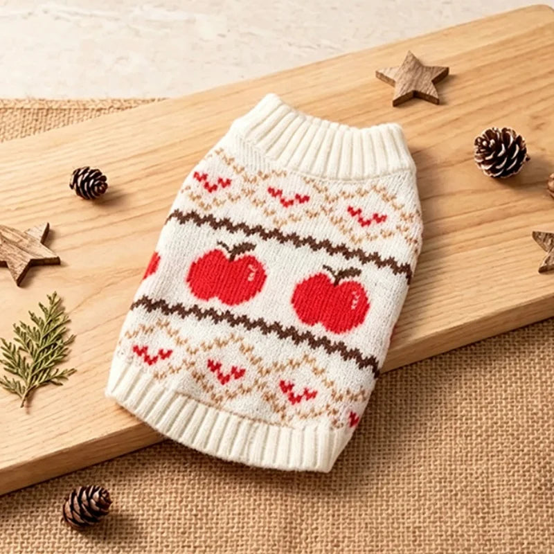 Retro-print dog sweater with optional matching hat set