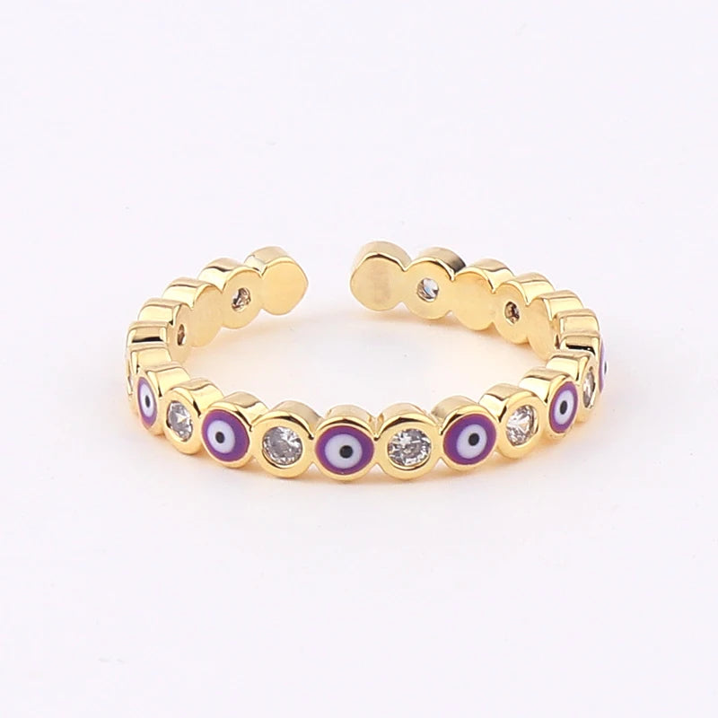Adjustable Ring with Blue Evil Eye Open Copper Gold Tone Zircon Accent