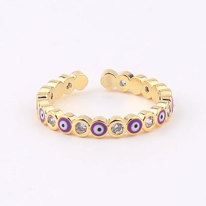 Adjustable Ring with Blue Evil Eye Open Copper Gold Tone Zircon Accent