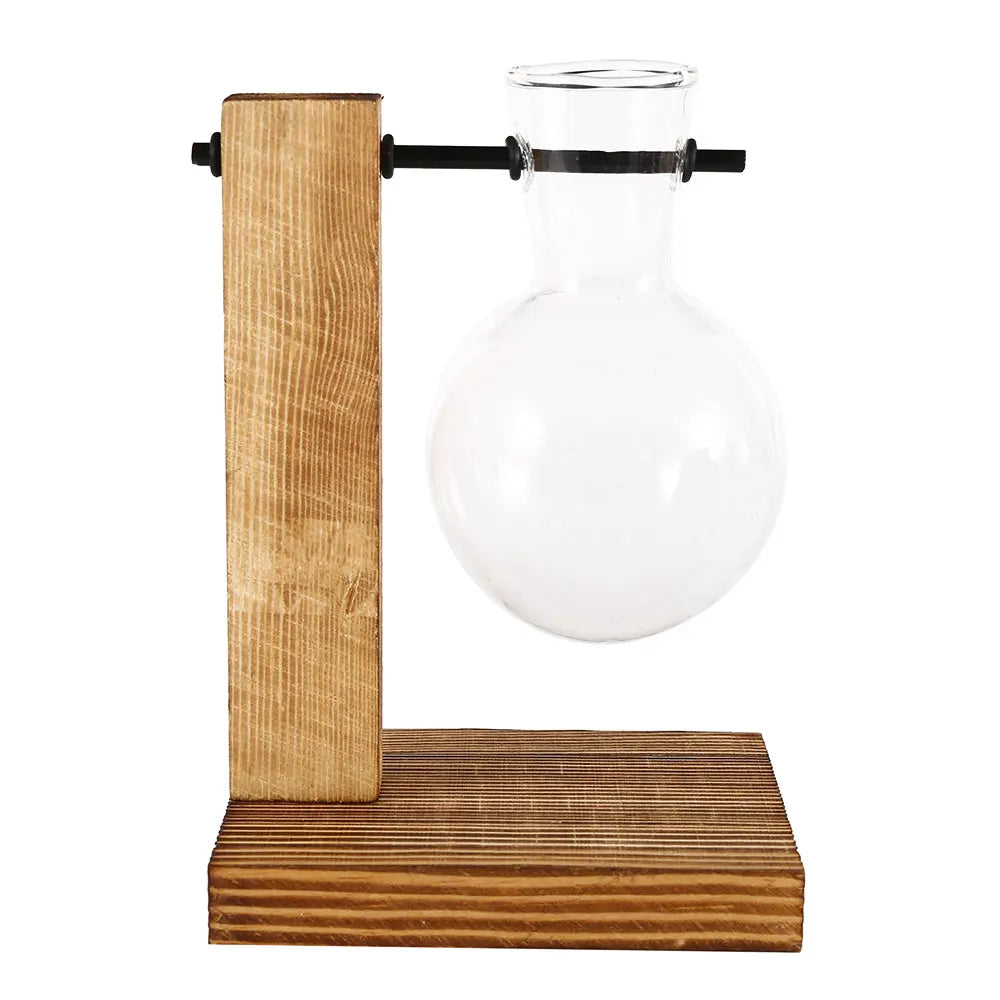Glass Bulb Vase on Wooden Stand for Desk Decor and Office Display