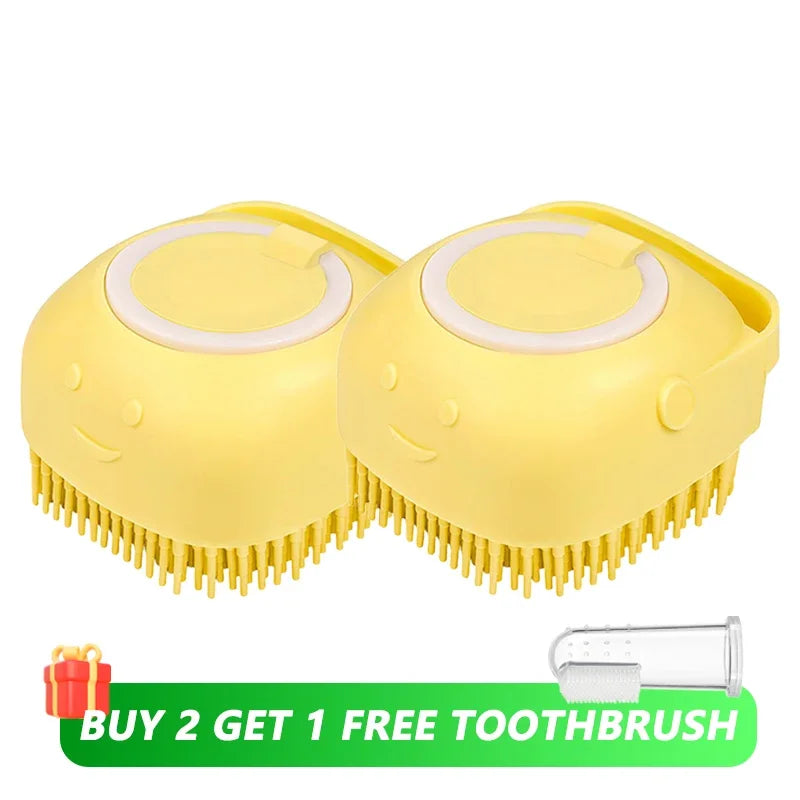 Pet Bath Brush With Soft Silicone Bristles And Dispenser For Dogs And Cats