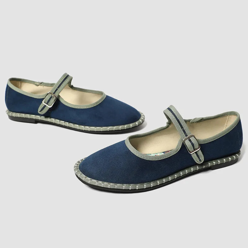 Women's floral-lined Mary Jane flats with buckle strap
