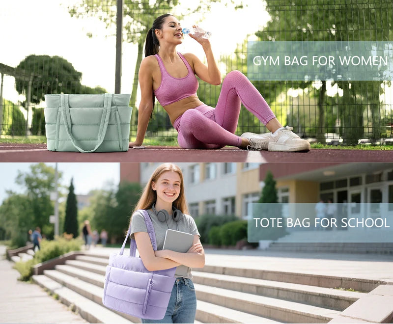 Lightweight polyester tote bags with zip closure for travel, work, and school in sage green and lilac colors.