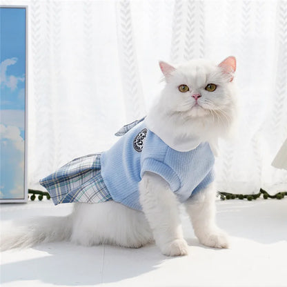 Knitted dog dress with a plaid skirt for everyday outings