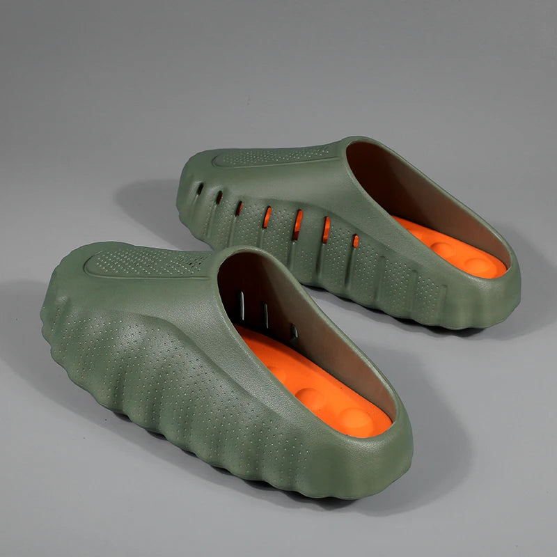 Olive green textured platform sandals with orange cushioned insoles for daily wear.