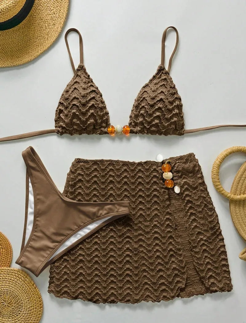 Women's Halter Push-Up Three-Piece Bikini Set with Skirt Cover-Up