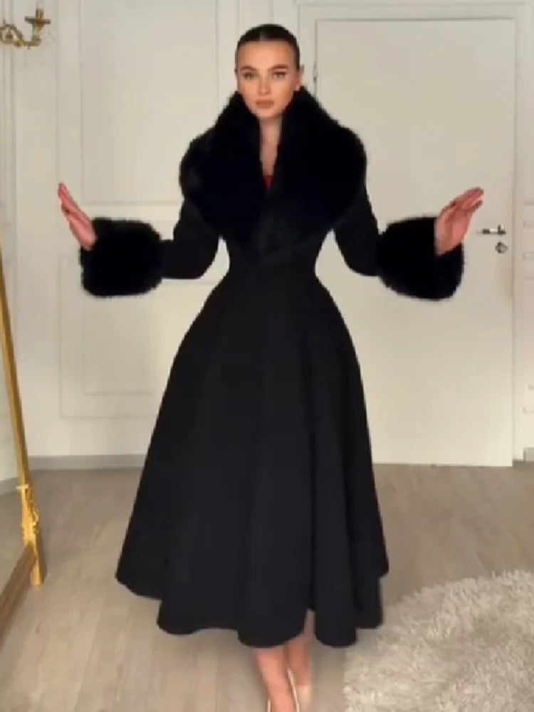 Women's wool-blend maxi coat with faux fur collar and cuffs