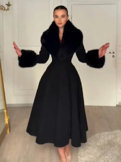 Women's wool-blend maxi coat with faux fur collar and cuffs