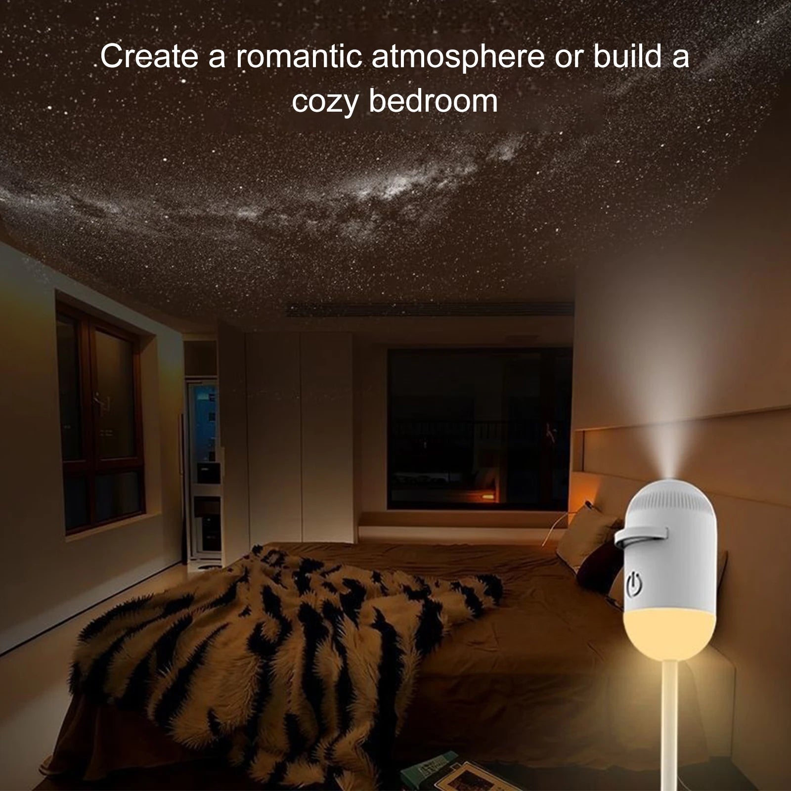 White gooseneck LED projector light with adjustable focus creates a starry night effect in a cozy bedroom.