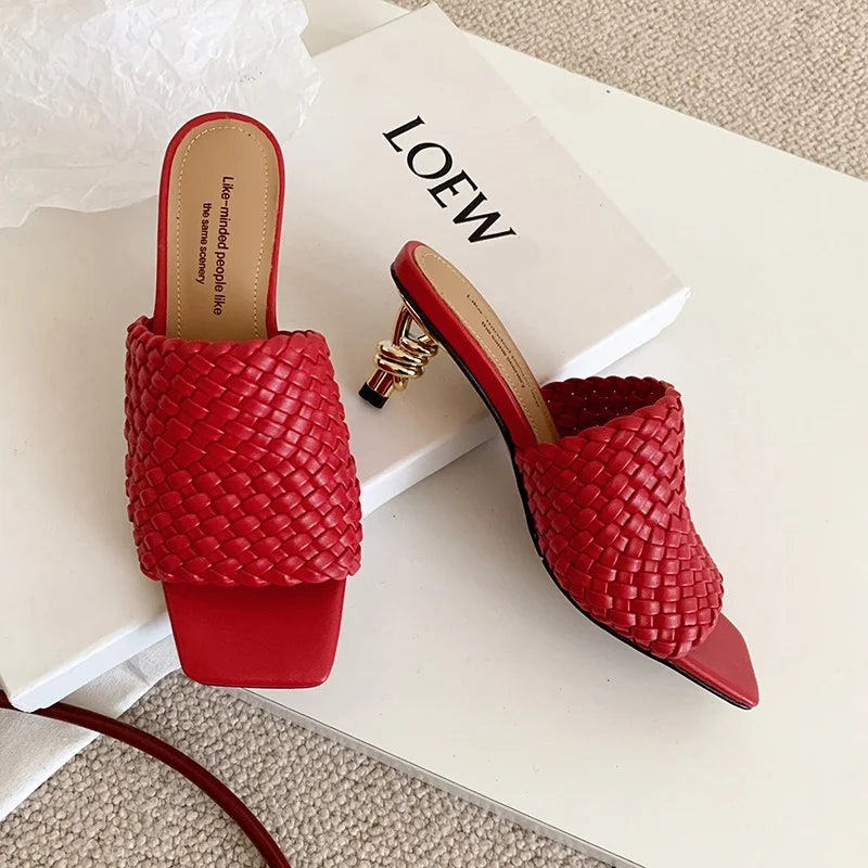 Woven Kitten Heel Sandals Open Toe With Sheepskin Cushioned Insole